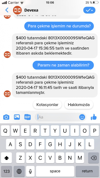 Devexa'nın aracı kurumun Salesforce uygulamasından aldığı para çekim bilgisini trader'a iletmesi